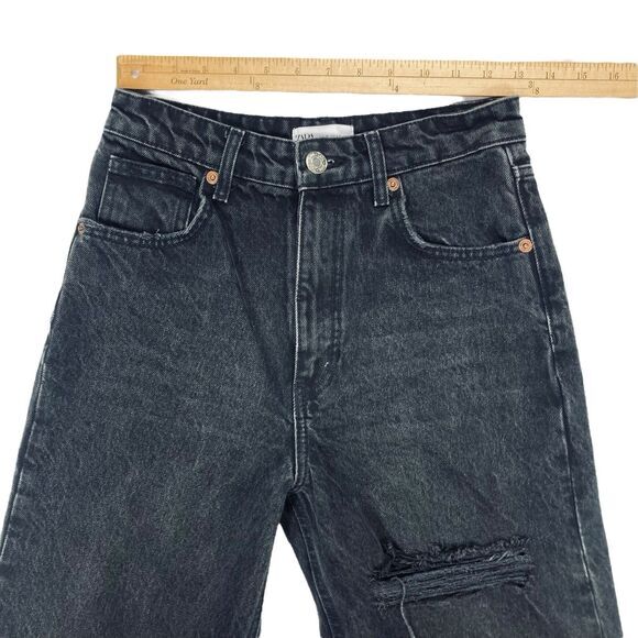 ZARA Jeans Women 4 Black High Rise Wide Leg Raw Hem Distressed Relaxed Fit Denim - Picture 8 of 15